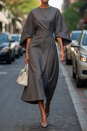 Batwing Sleeve Dress – Waist-Tied Solid Color Elegant Dress for Women