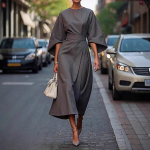Batwing Sleeve Dress – Waist-Tied Solid Color Elegant Dress for Women