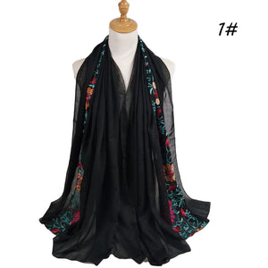 Flower Embroidery Hijab  Cotton Linen Hijab Long Headscarf