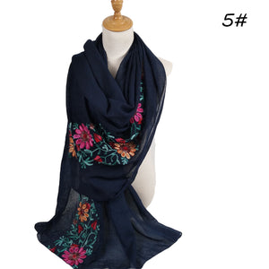 Flower Embroidery Hijab  Cotton Linen Hijab Long Headscarf