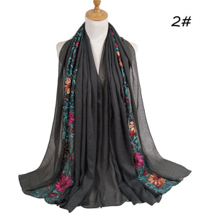 Flower Embroidery Hijab  Cotton Linen Hijab Long Headscarf