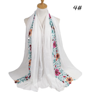 Flower Embroidery Hijab  Cotton Linen Hijab Long Headscarf