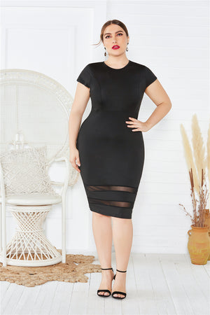 XL Pencil Skirt Dress – Solid Color Mesh Stitching Dress for Women