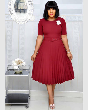 Plus Size Pleated Dress – Round Neck Mother’s Dress for Women