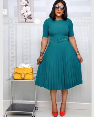 Plus Size Pleated Dress – Round Neck Mother’s Dress for Women