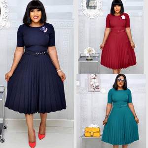 Plus Size Pleated Dress – Round Neck Mother’s Dress for Women