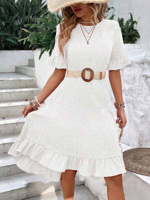 Lotus Leaf Sleeve Dress – Tied Waist Short Sleeve Fashion Dress for Women