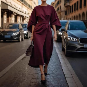 Batwing Sleeve Dress – Waist-Tied Solid Color Elegant Dress for Women