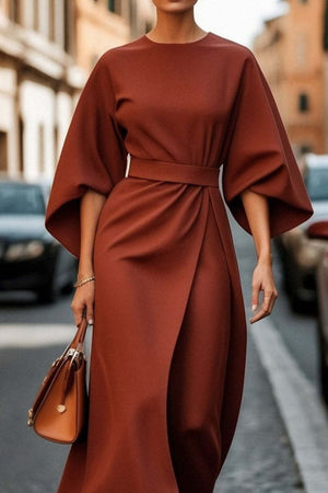 Batwing Sleeve Dress – Waist-Tied Solid Color Elegant Dress for Women