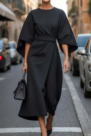 Batwing Sleeve Dress – Waist-Tied Solid Color Elegant Dress for Women