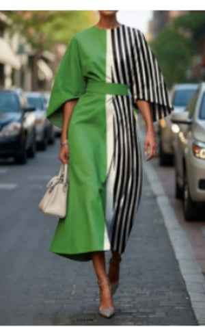 Batwing Sleeve Dress – Waist-Tied Solid Color Elegant Dress for Women
