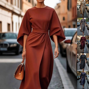 Batwing Sleeve Dress – Waist-Tied Solid Color Elegant Dress for Women
