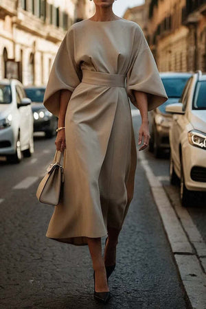 Batwing Sleeve Dress – Waist-Tied Solid Color Elegant Dress for Women