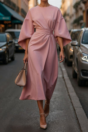 Batwing Sleeve Dress – Waist-Tied Solid Color Elegant Dress for Women