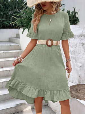 Lotus Leaf Sleeve Dress – Tied Waist Short Sleeve Fashion Dress for Women