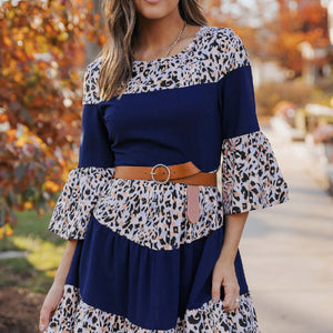printed bell sleeve dress Printed Round Neck 
