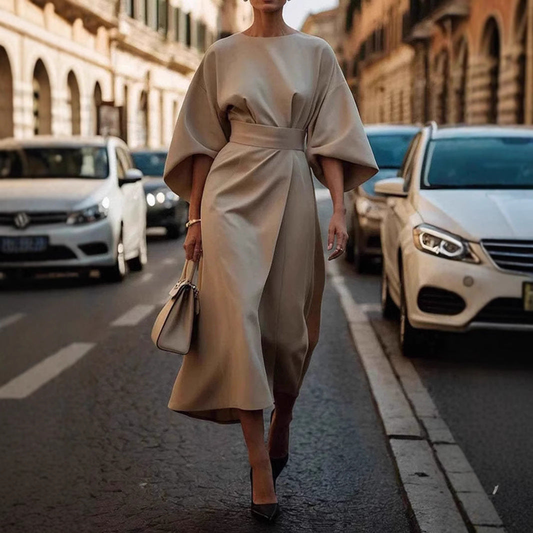 Batwing Sleeve Dress – Waist-Tied Solid Color Elegant Dress for Women