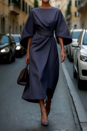 Batwing Sleeve Dress – Waist-Tied Solid Color Elegant Dress for Women
