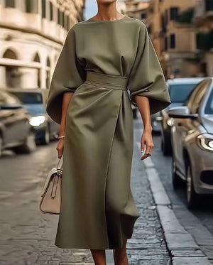 Batwing Sleeve Dress – Waist-Tied Solid Color Elegant Dress for Women