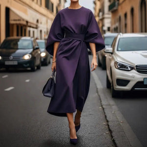 Batwing Sleeve Dress – Waist-Tied Solid Color Elegant Dress for Women