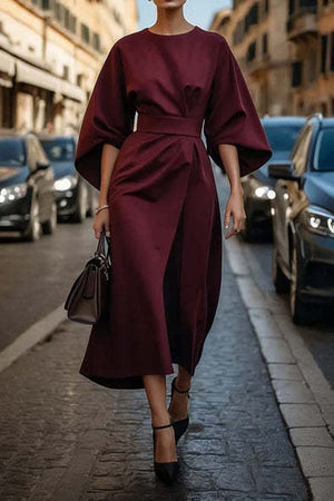 Batwing Sleeve Dress – Waist-Tied Solid Color Elegant Dress for Women