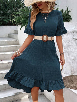 Lotus Leaf Sleeve Dress – Tied Waist Short Sleeve Fashion Dress for Women