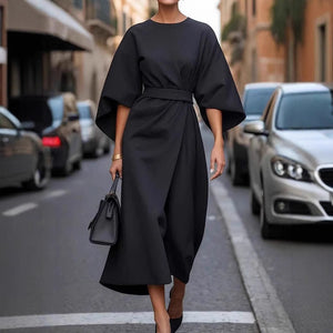 Batwing Sleeve Dress – Waist-Tied Solid Color Elegant Dress for Women