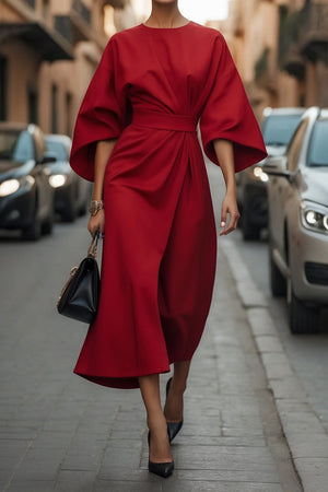 Batwing Sleeve Dress – Waist-Tied Solid Color Elegant Dress for Women